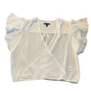 Women's Eva Longoria White Flounce Crop V-Neck Blouse Size Med NWT #7902